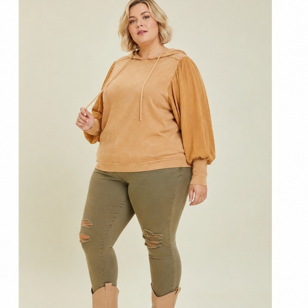 Heyson Women 3XL Tan Mixed Media Gauze Sleeve Hoodie Pullover‎ ET1609P